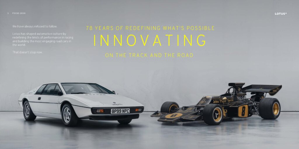 Focus 2030: the full Lotus strategy deck (May 2026) 5 Lotus Esprit S1 alongside the John Player Special Type 72 Formula 1 car, heritage road and race lineage