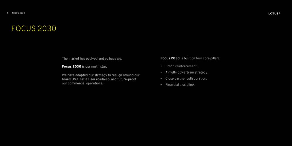 Focus 2030: the full Lotus strategy deck (May 2026) 7 Focus 2030 four core pillars: brand reinforcement, multi-powertrain strategy, partner collaboration, financial discipline