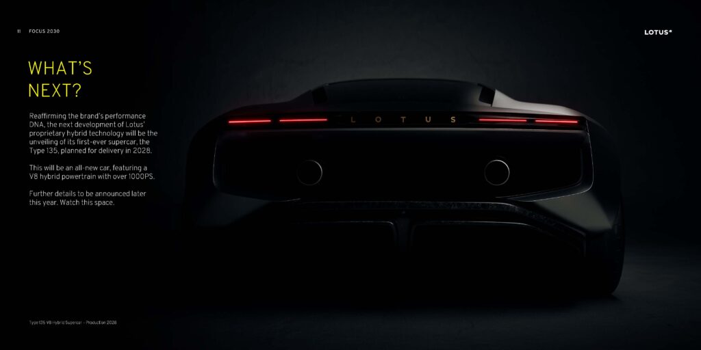 Focus 2030: the full Lotus strategy deck (May 2026) 13 Dark teaser image of Lotus Type 135 V8 hybrid supercar rear three-quarter with illuminated tail-light bar