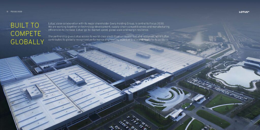 Focus 2030: the full Lotus strategy deck (May 2026) 15 Aerial view of the Lotus Technology factory in Wuhan illustrating Geely partnership scale