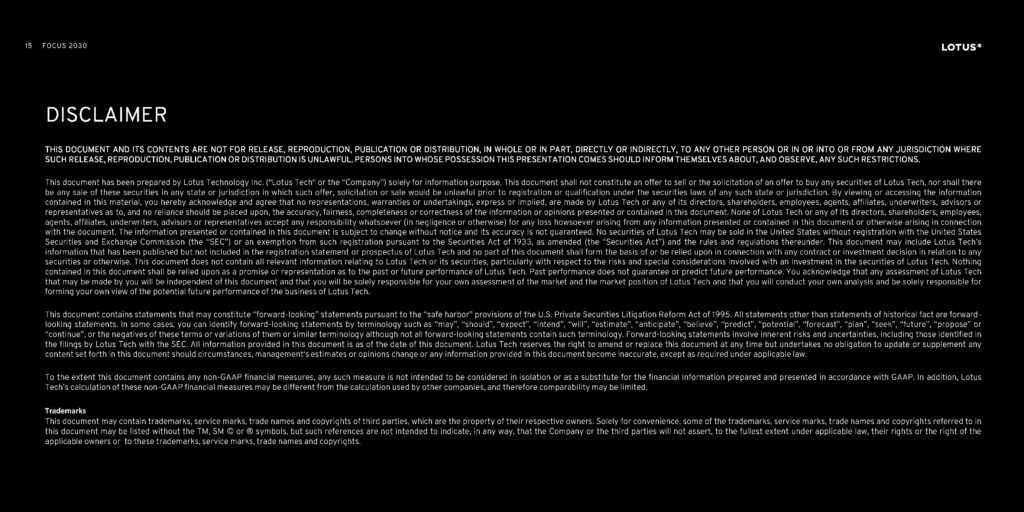 Focus 2030: the full Lotus strategy deck (May 2026) 17 Standard Lotus Technology Inc legal disclaimer page